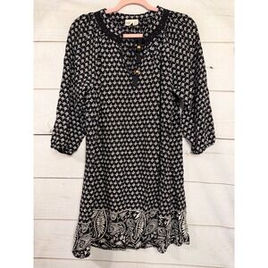 ROXY Black White Geometric Print‎ Tassel Neck Mini Dress M